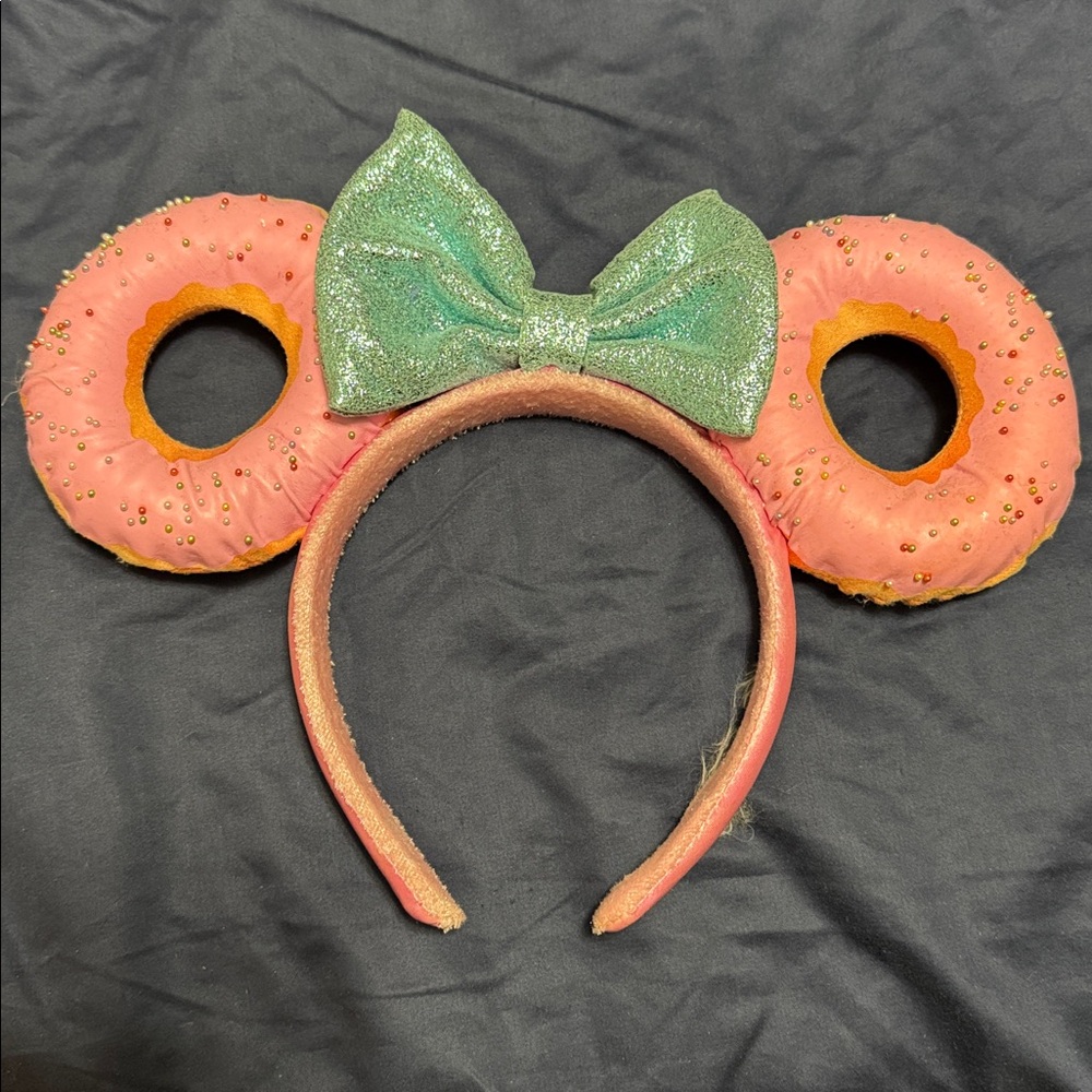 Pink Donut Ears Headband with Green Bow